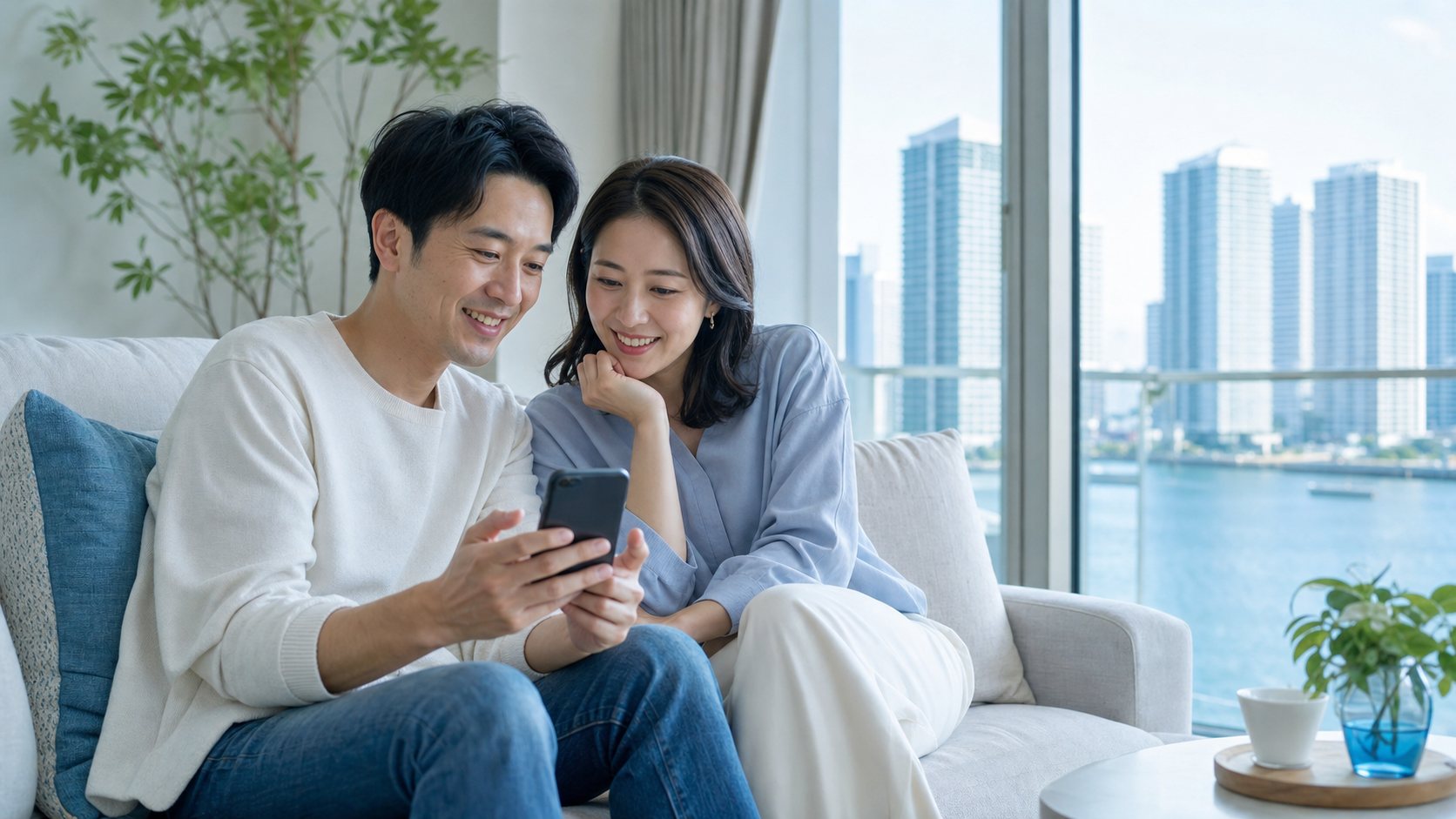 夫婦でスマートフォンの診断結果を見ている様子